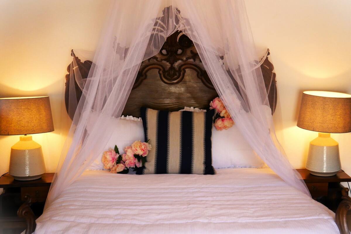A bed with a canopy, two bedside lamps, and decorative pillows.