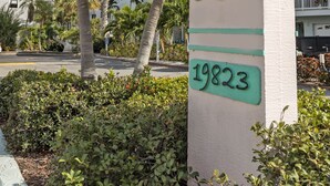 Un letrero muestra el número 19823 y la palabra 'Seashell', rodeado de follaje y palmeras.