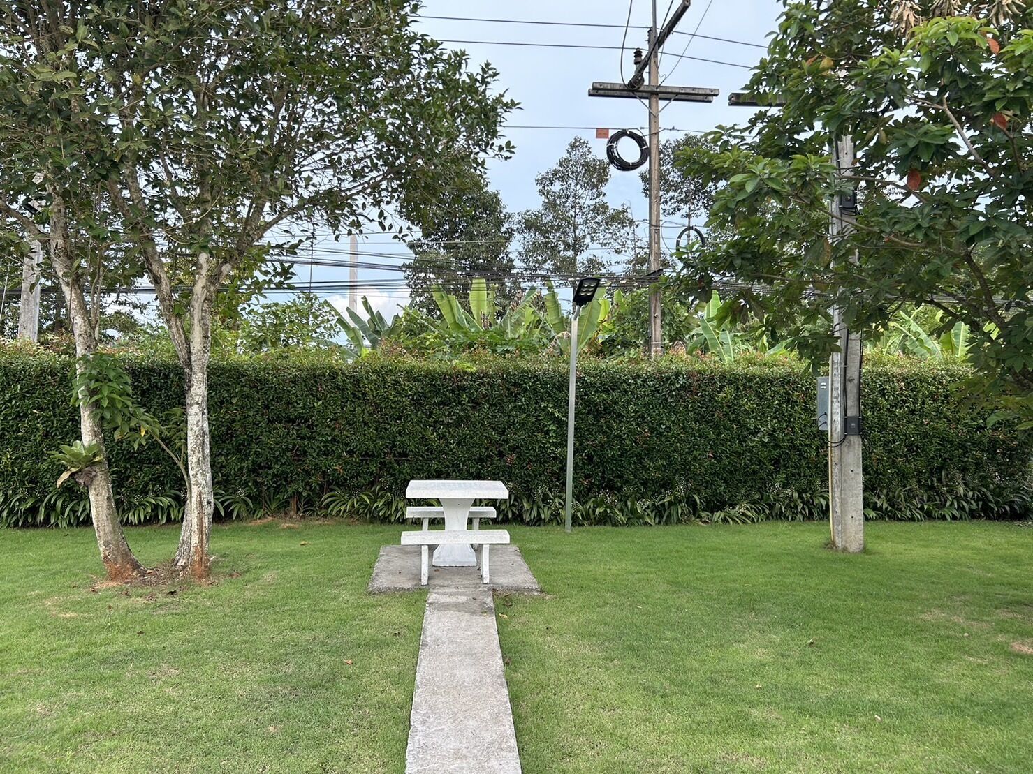Un espacio cubierto de césped con una mesa de picnic blanca y una siega al fondo.
