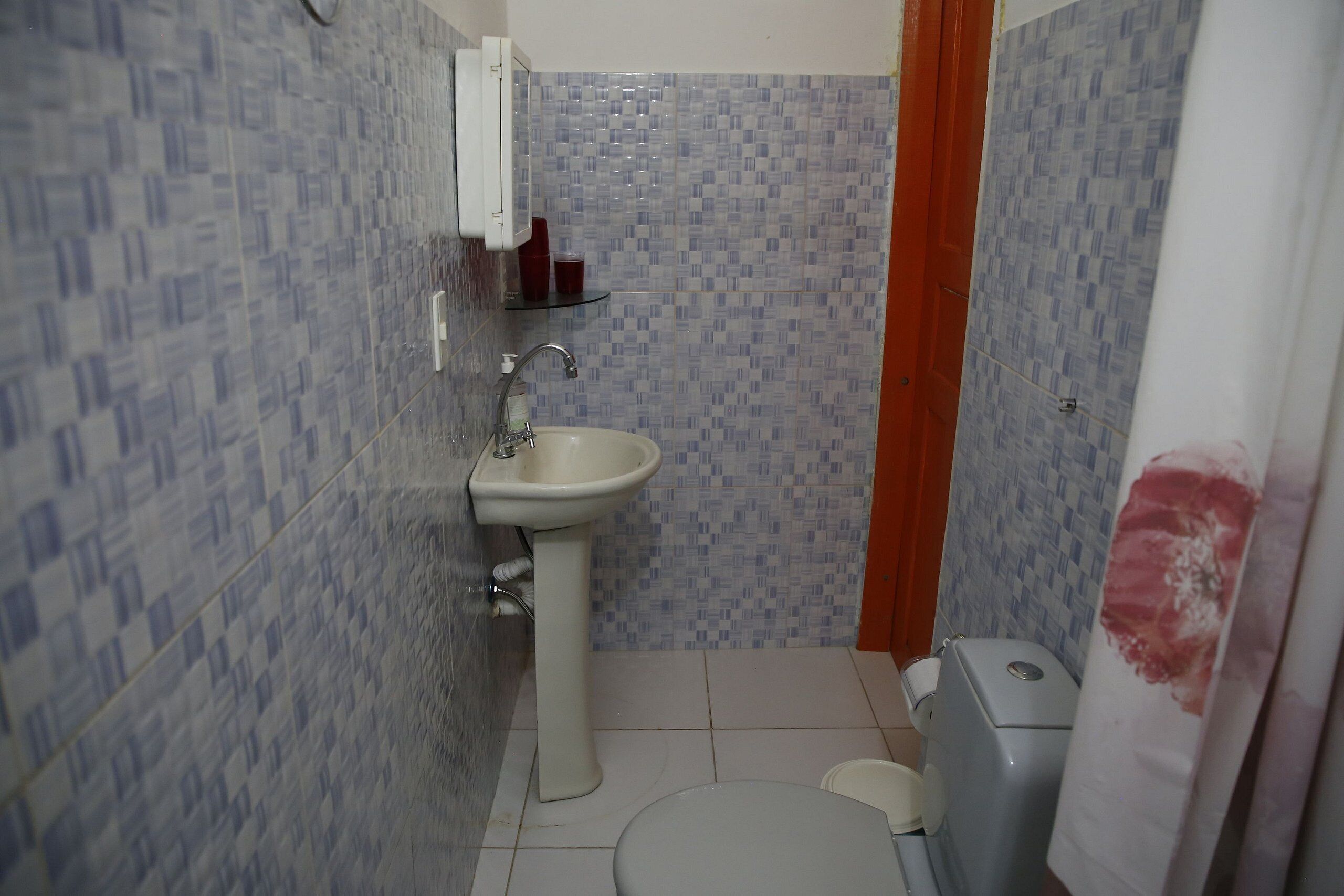 A small bathroom with a sink, toilet, and a shower curtain.