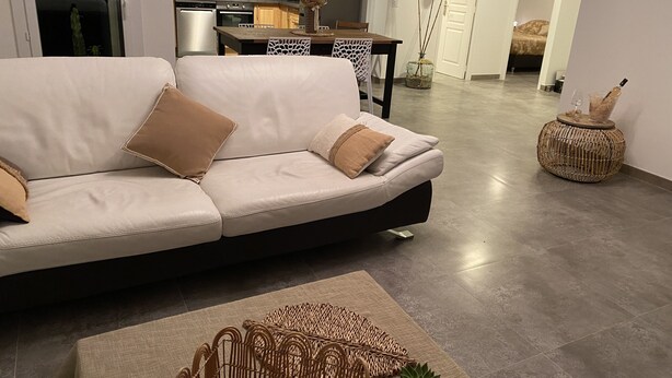Un salon moderne avec un canapé beige, une table basse en osier et une petite plante en pot.
