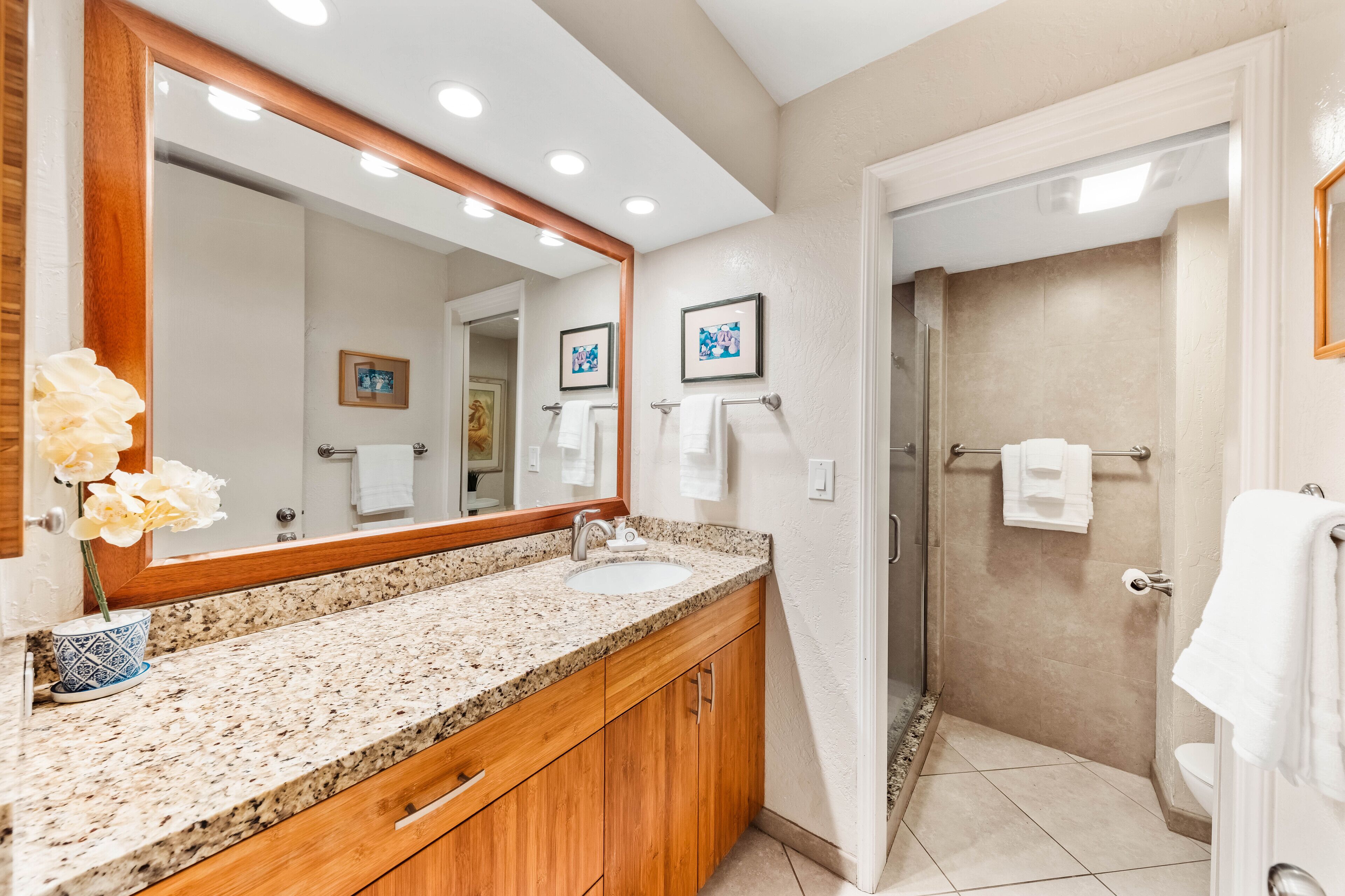 Shower, hair dryer, towels, shampoo