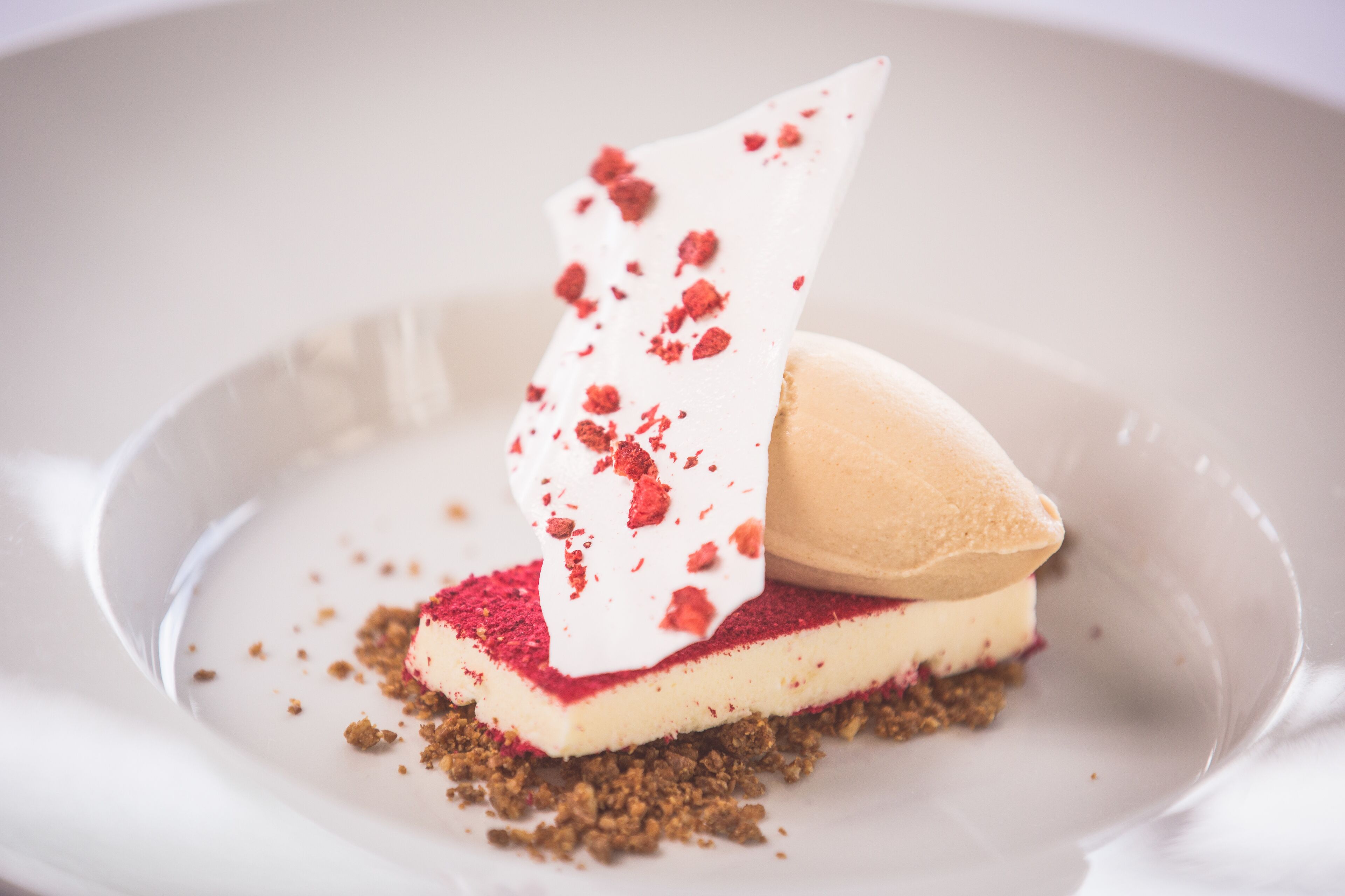 A dessert with a scoop of ice cream on top of a layered cake, served on a white plate.