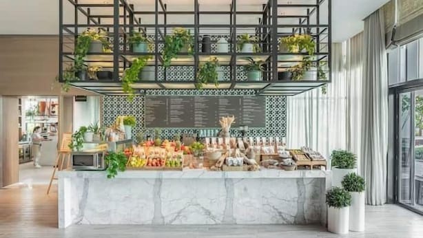 Balcão de mármore com plantas, um quadro de menu e design de interiores moderno.