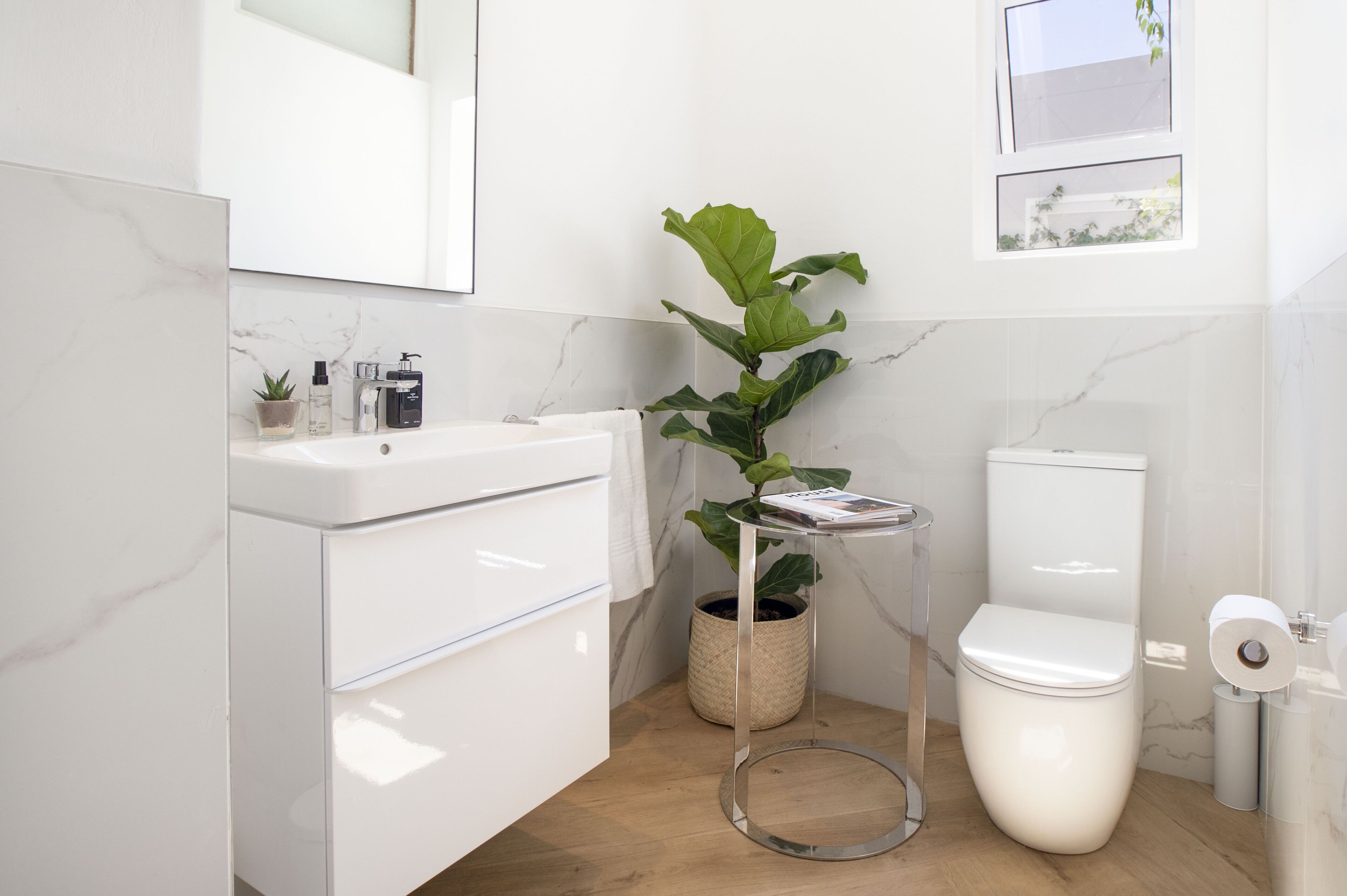 A modern bathroom with a white marble sink, a clear glass shelf, a potted plant, a toilet, and a mirror.