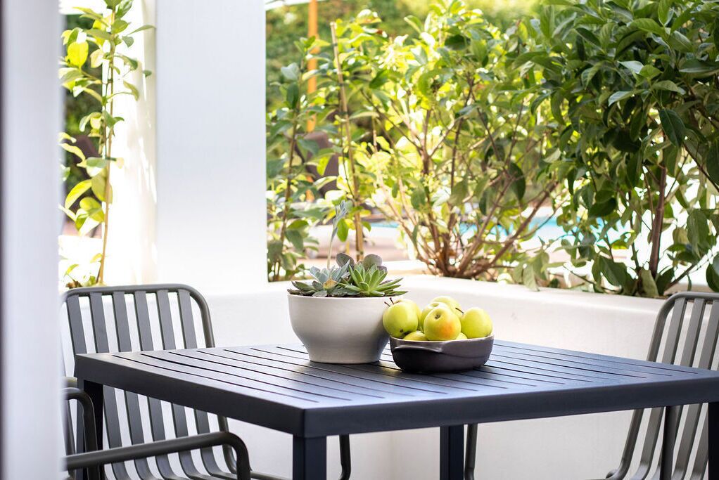 A table with a potted plant and a bowl of apples.