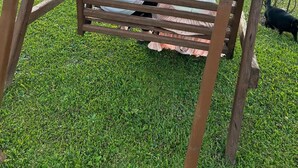 A wooden swing set in a grassy area with a house in the background. - O Chale Encantado (Rancho Queimado)