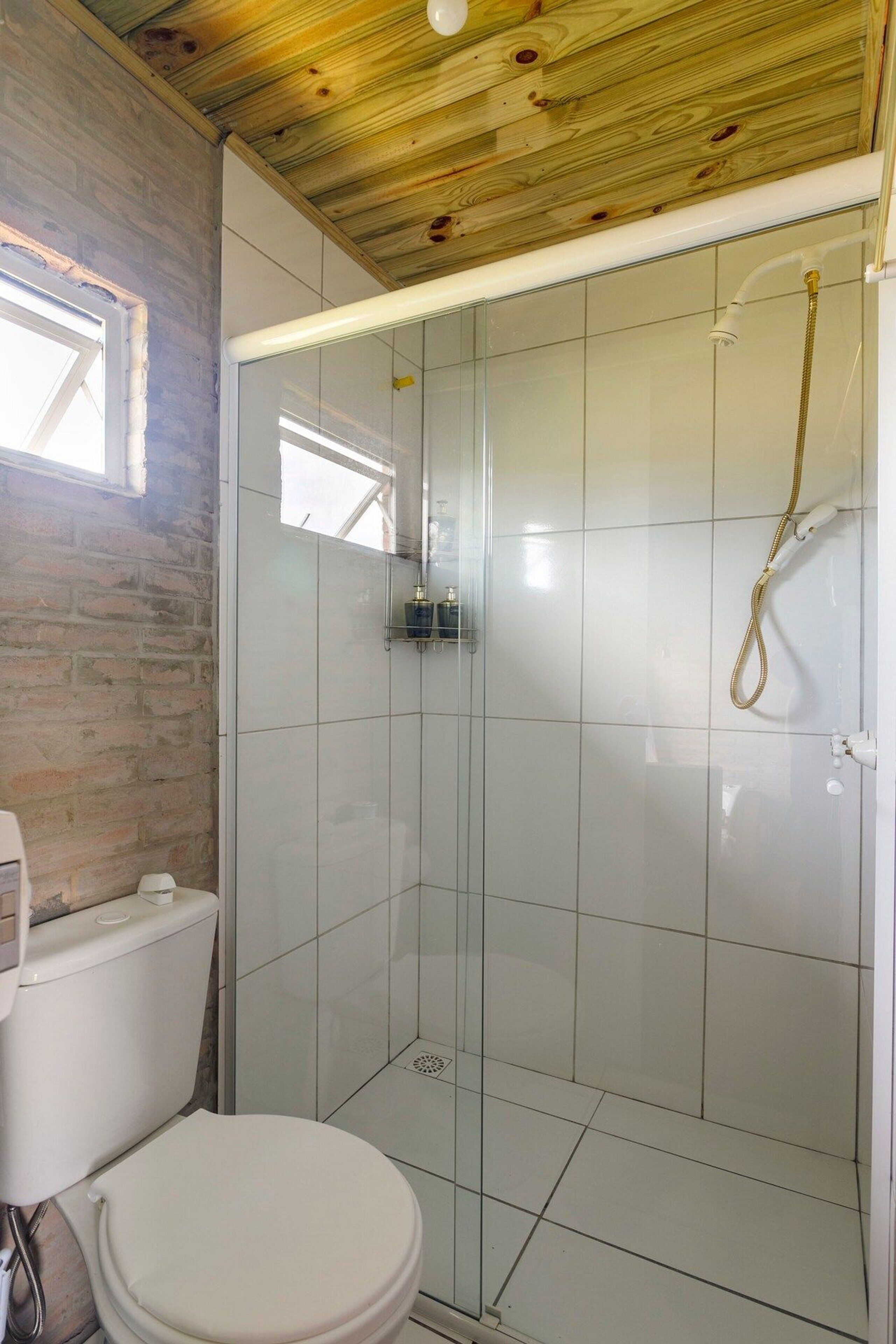 A bathroom with a glass shower enclosure, a white toilet, and a wooden ceiling.