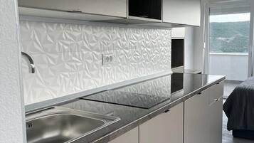 Fridge, stovetop, cookware/dishes/utensils