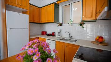 Køleskab, opvaskemaskine, brødrister, køkkentøj/tallerkener/redskaber