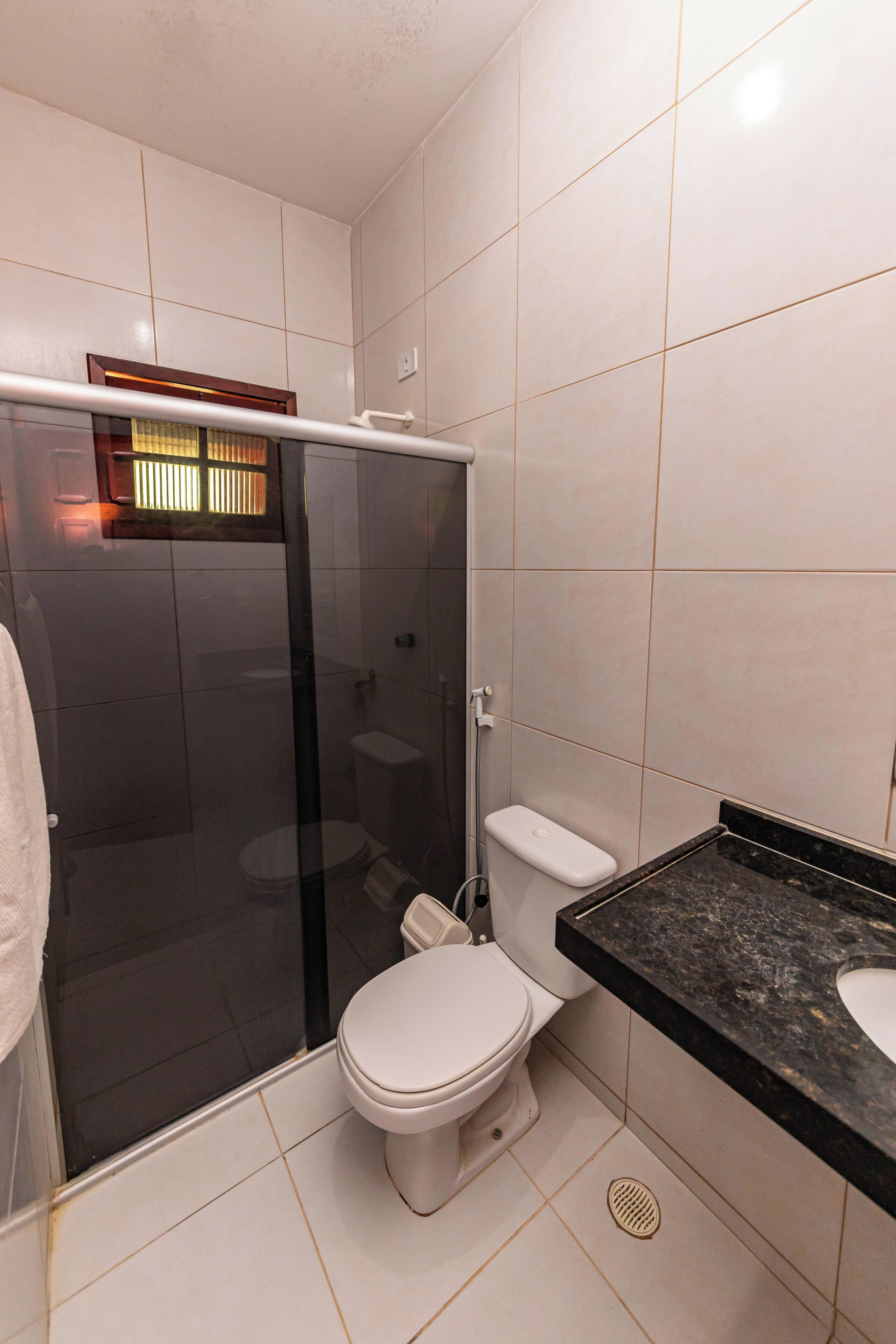 A modern bathroom with a glass-enclosed shower, a white toilet, and a black marble sink.