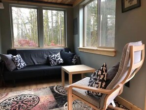 TV, fireplace, DVD player, books