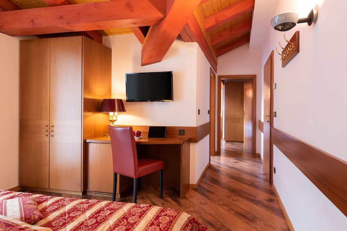 Un dormitorio con una cama, un escritorio con silla, un televisor y un armario.