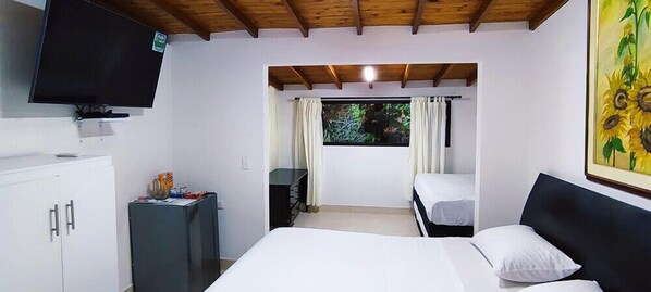 Una habitación con cama, televisión, escritorio y ventana con cortinas.