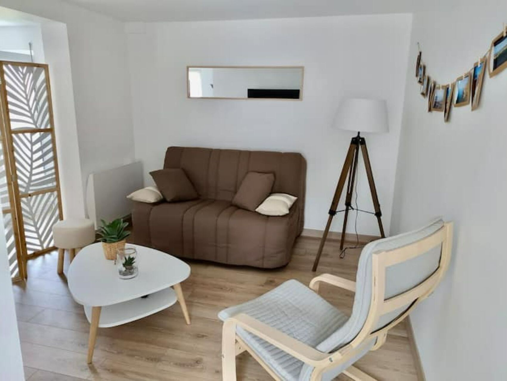 A modern living room with a brown sofa, a small round table with a plant, a wooden chair, a floor lamp, and a wall-mounted picture frame.