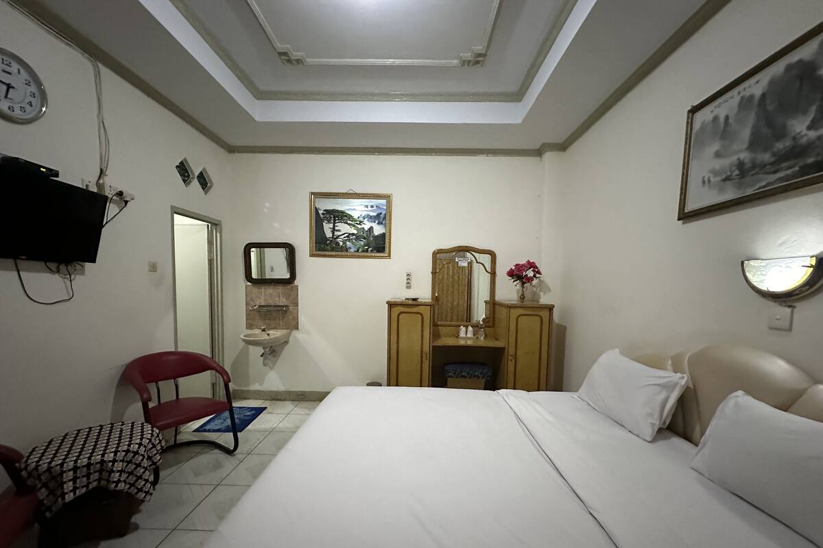 Een hotelkamer met een bed, een bureau met een spiegel, een stoel, een wastafel en een televisie.