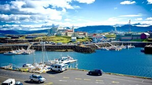 Un pueblo costero con un puerto deportivo, barcos y edificios.
