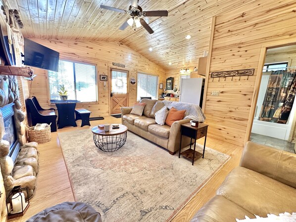 Smart TV, fireplace, DVD player