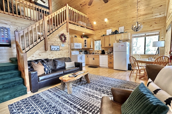 Cozy main living room with pull out bed in couch
