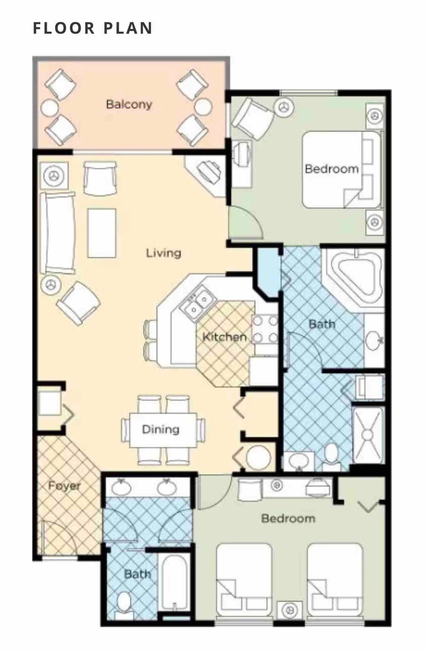 A floor plan with a balcony, living room, kitchen, dining area, foyers, and two bedrooms.