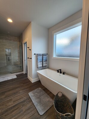 Hair dryer, towels, soap, shampoo
