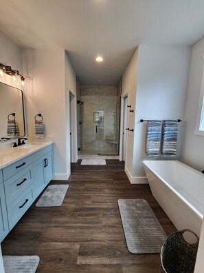 Hair dryer, towels, soap, shampoo