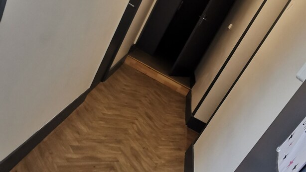 A hallway with a wooden floor, a grey carpet, and a grey wall with a picture frame. - Nuit tendance à Mâcon (Mâcon)