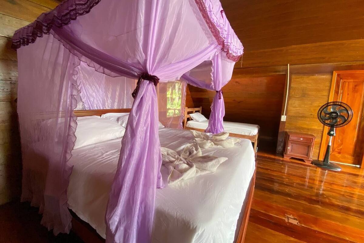 A room with a bed under a purple canopy, a wooden floor, a small table, and a fan.