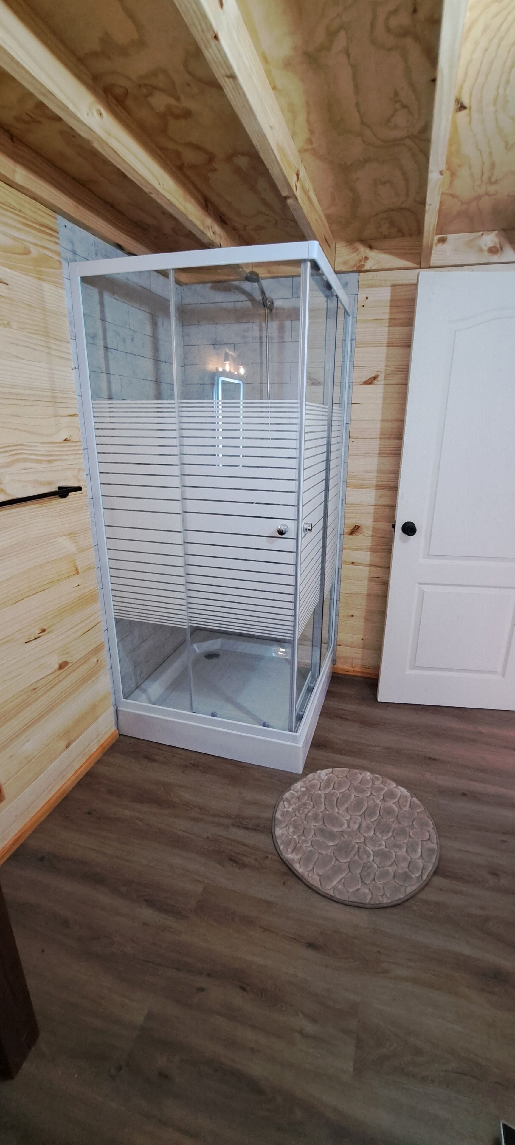 A room with a glass-enclosed shower, wooden walls, a white door, and a round rug on the floor.