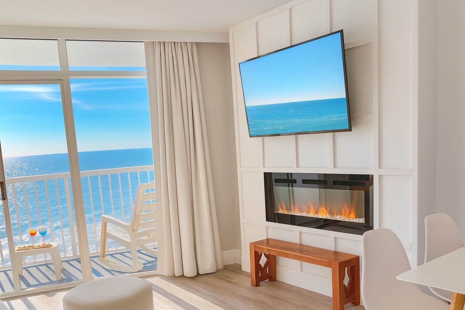 Un salon moderne doté d’une cheminée, d’un téléviseur à écran plat et d’un balcon offrant une vue sur la mer.
