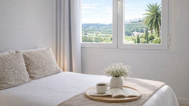 Ein Schlafzimmer mit Bett, einem Fenster mit Blick auf Grünflächen und Hügel, einem Nachttisch mit Buch, Tasse und Blumenvase.
