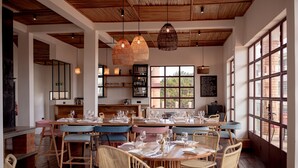 Un restaurante con mesas y sillas de madera, lámparas colgantes de mimbre y grandes ventanales con vistas al exterior.