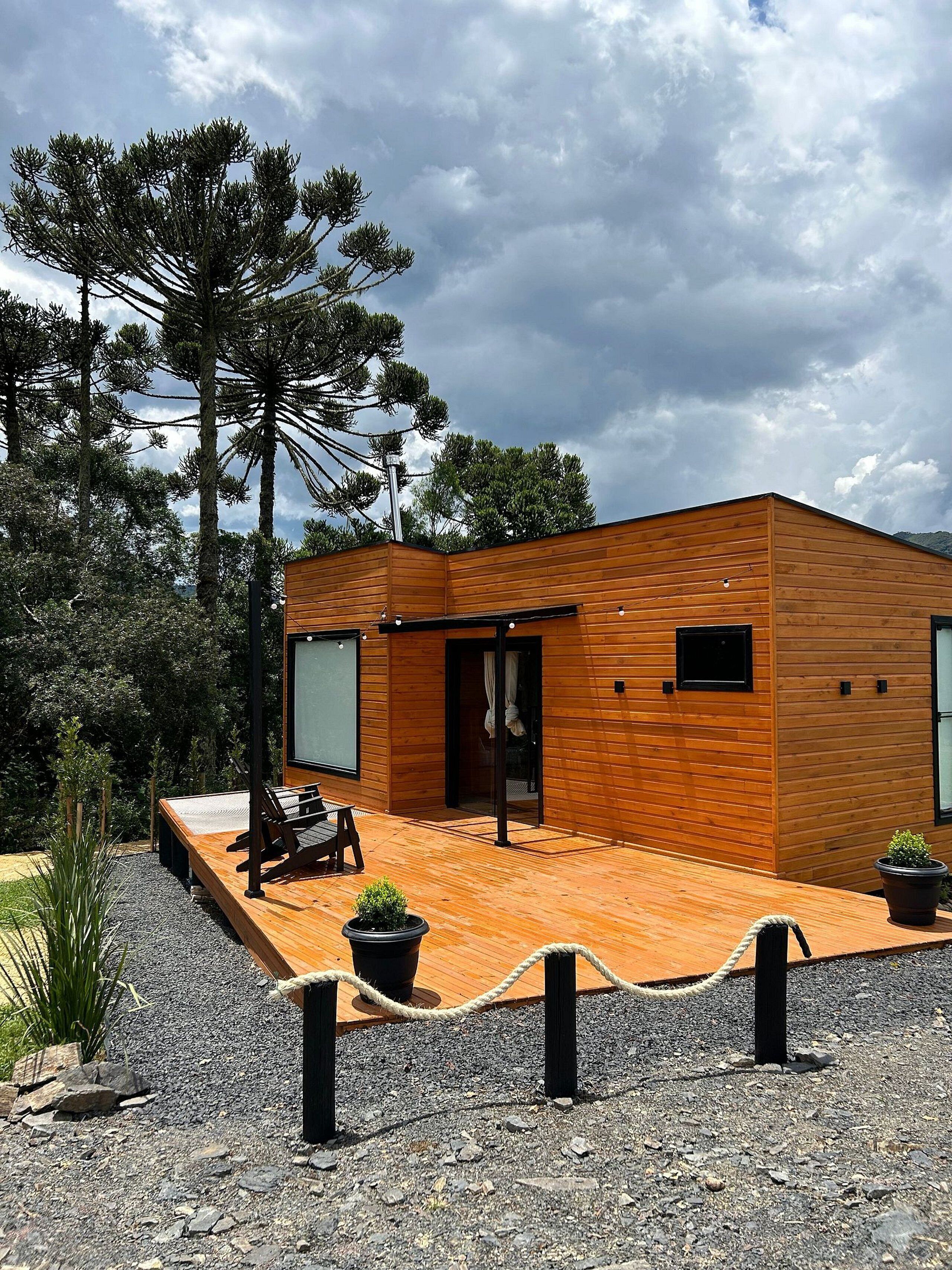 Une maison moderne en bois dotée d’un patio, d’un banc et de plantes en pot.