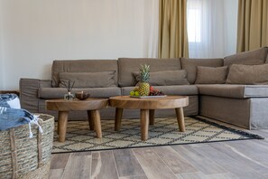 Deluxe-suite - privat pool - havudsigt | Opholdsområde | 43-tommers smart-tv med digitale kanaler