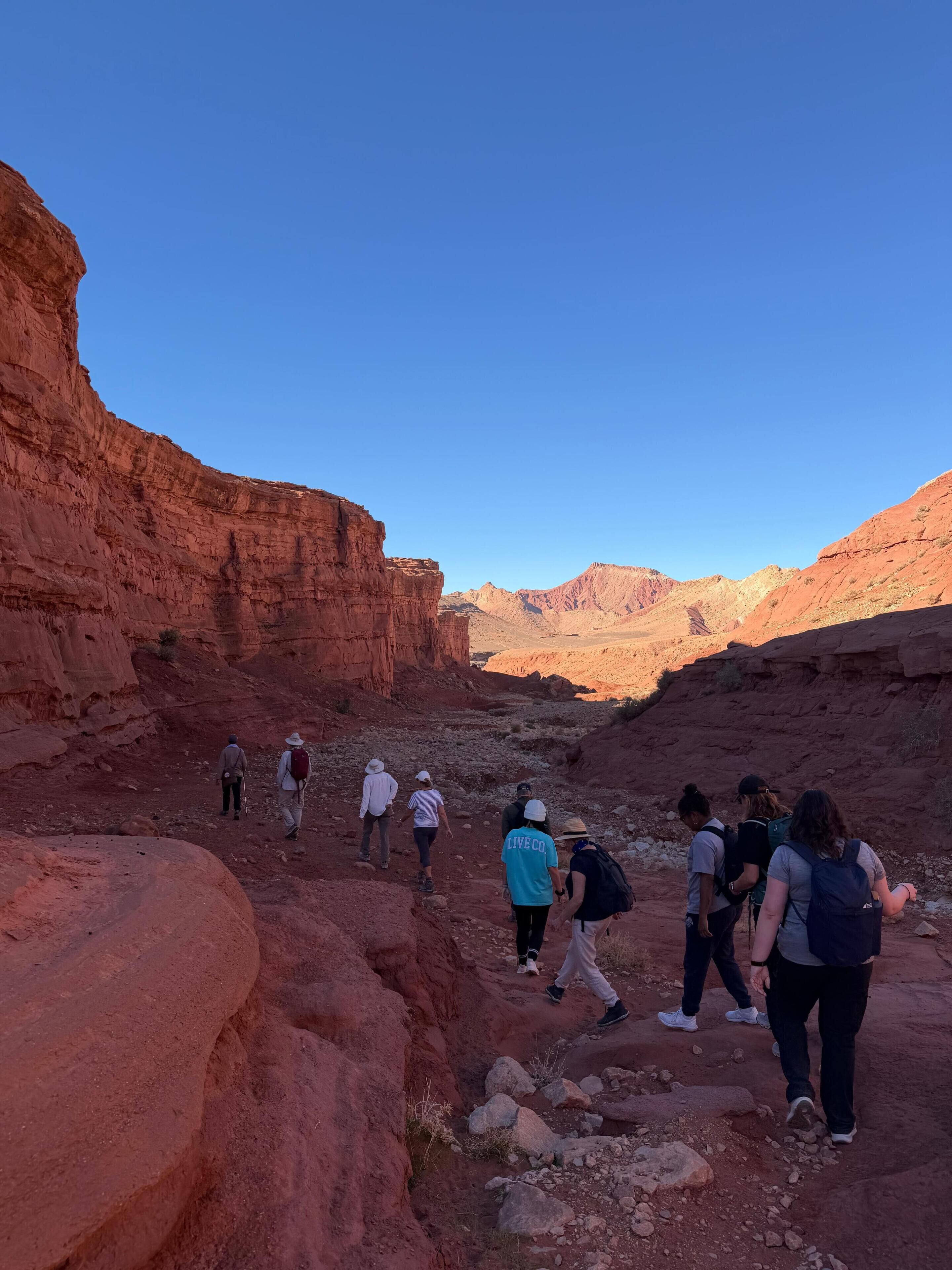 Un grupo de excursionistas en un sendero rocoso con formaciones rocosas rojas y cielo despejado.