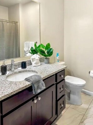 Hair dryer, towels, soap, toilet paper
