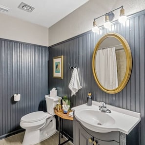 A bathroom with a toilet, sink, and mirror. - Pool Playhouse: FirePit, Grill, Billiards & Jenga (Richardson)