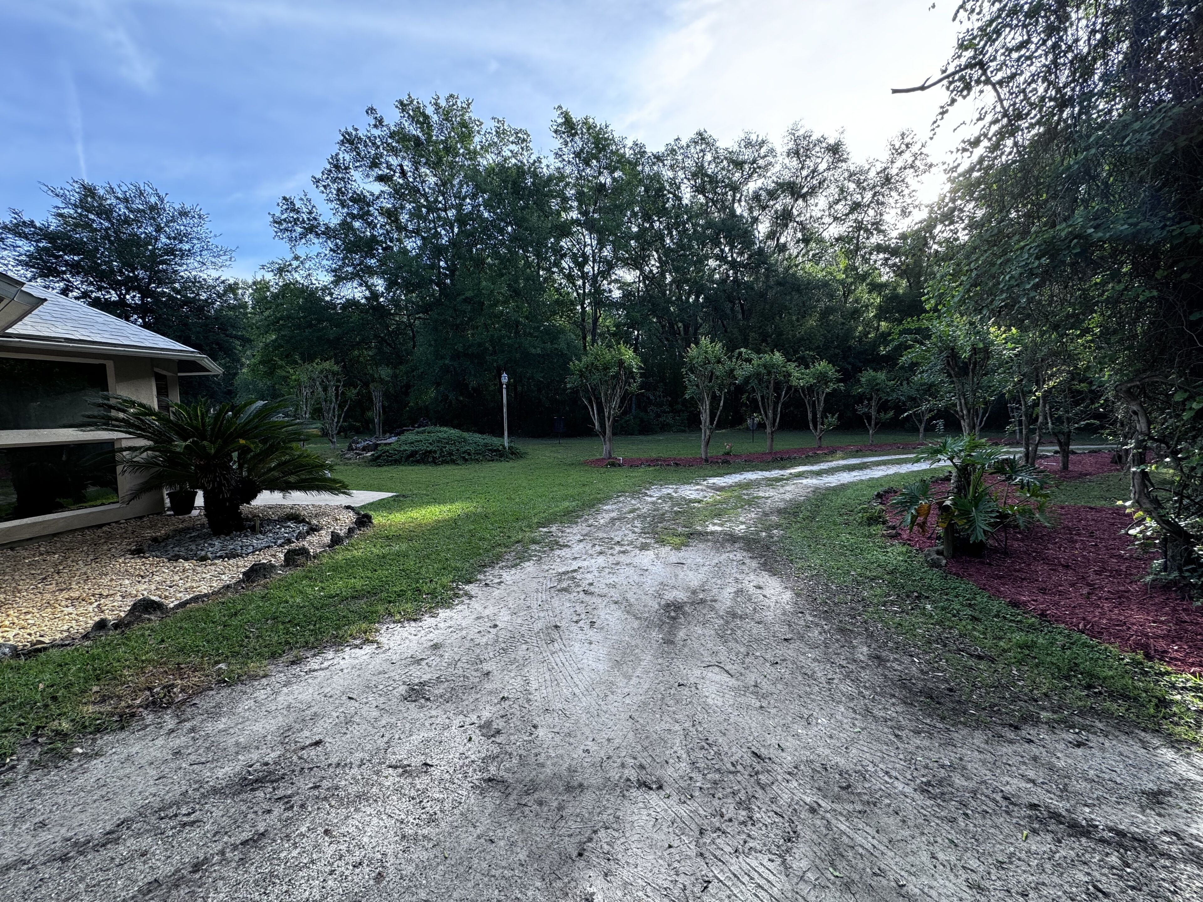 A gravel driveway leading to a house with a modern design, surrounded by a well-maintained garden and trees.