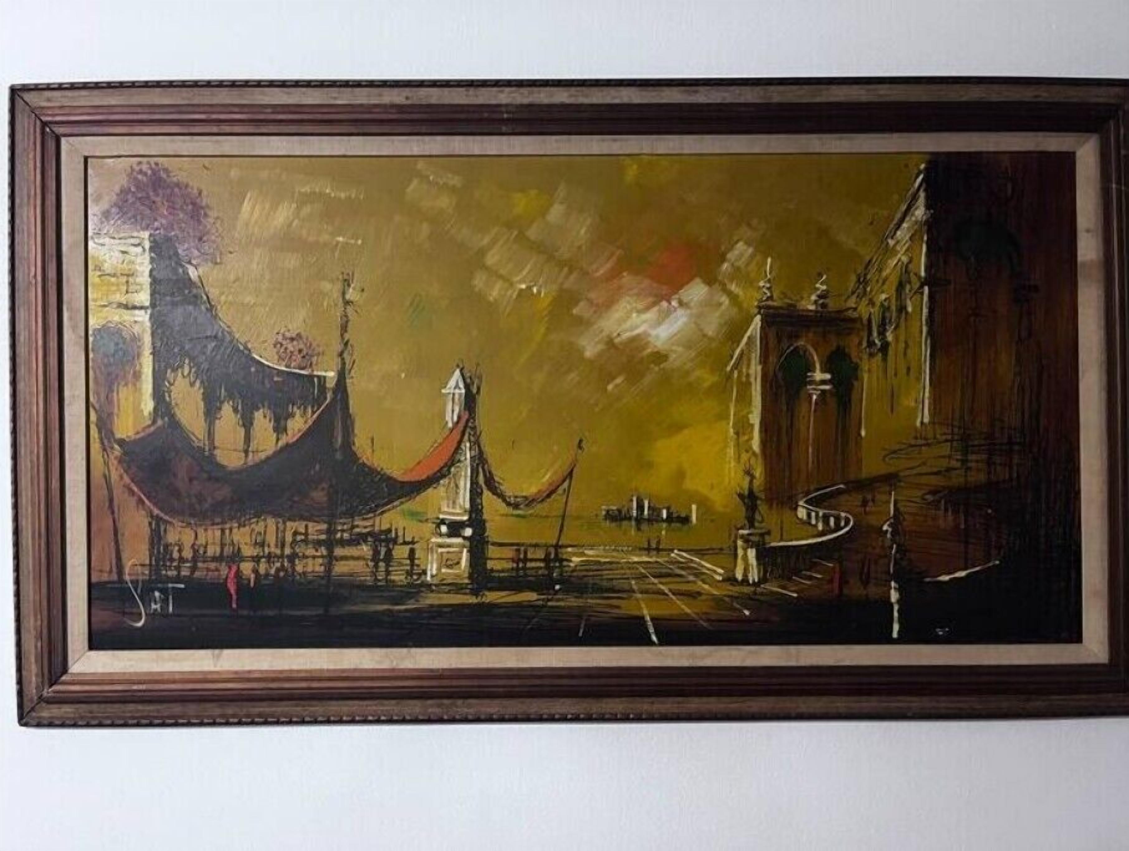 A framed painting of a street scene with a bridge, buildings, and a tower.
