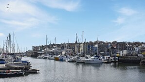 Een jachthaven met aangemeerde boten, een heldere lucht en gebouwen op de achtergrond.