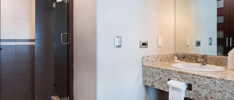 A modern bathroom with a glass shower enclosure, a granite countertop sink, and a large mirror.