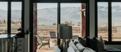 Smart TV, fireplace, books, stereo