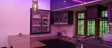 Kylskåp, spishäll, mixer och grytor/köksredskap