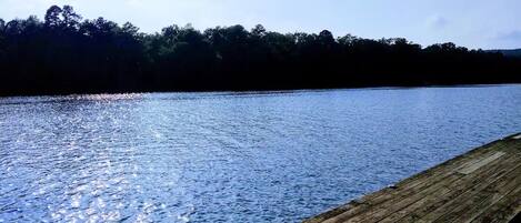 A wooden dock extending into a calm body of water with a forested shoreline in the background.