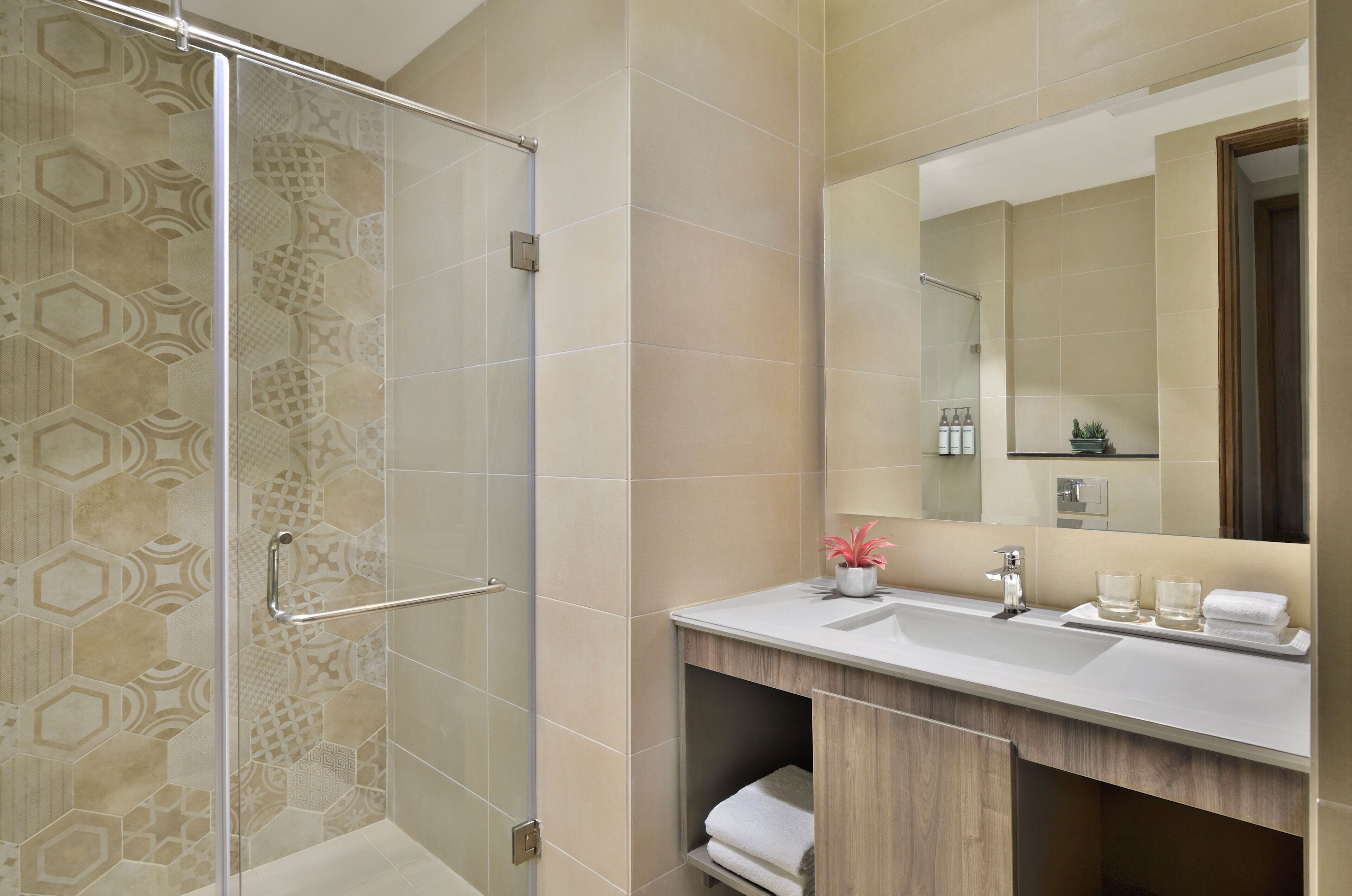 A modern bathroom with a shower, a sink, and a mirror.