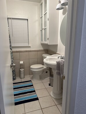 Hair dryer, towels, soap, shampoo