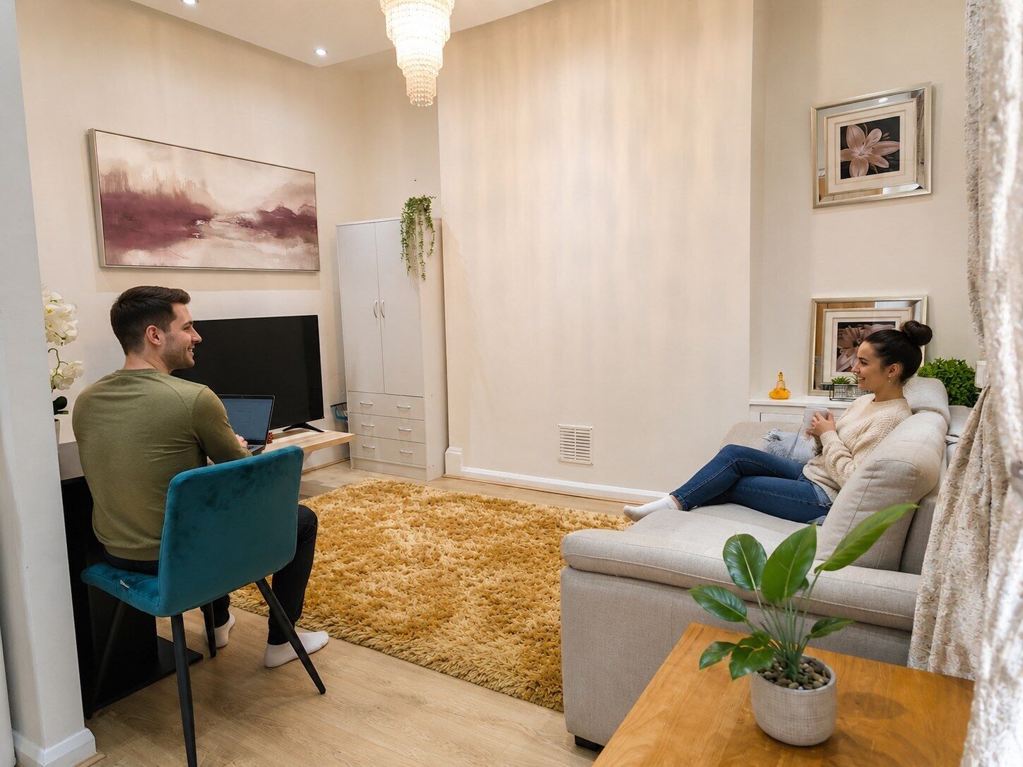 Un salon comprenant un canapé, une table basse, un téléviseur, un bureau avec une chaise et une plante.