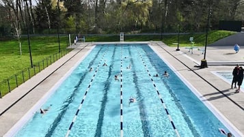 En lang swimmingpool med flere baner, omgivet af græs og træer.