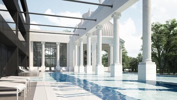 A modern hotel with a large outdoor pool, white columns, and a dome structure. - Villa Thermae Nancy (Nancy)