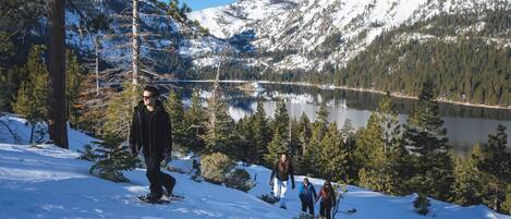 A snowy mountain landscape with a lake and trees.